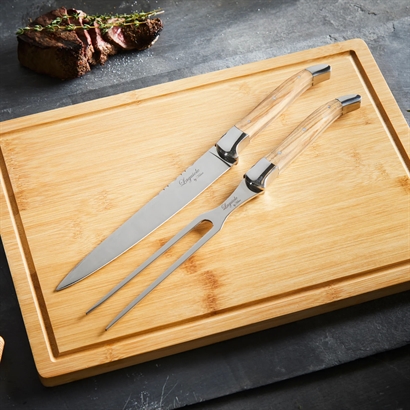 Laguiole By Hâws Carving Knife And Fork Set W/ Cutting Board Olive - Vejledende Udsalgspris 699,-