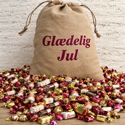 Julesæk med "Glædelig Jul" tekst og 10 kilo luksus chokoladeblanding