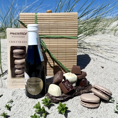 Bambusæske med Prosecco, Belgiske Gourmet Dessertchokolader og Macarons