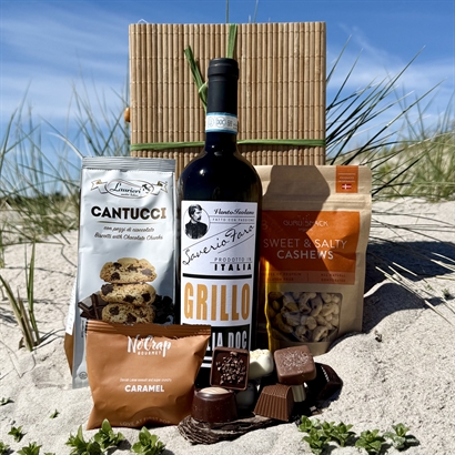 Bambusæske med Hvidvin, Belgisk chokolade, Cantucci og Cashew Nødder