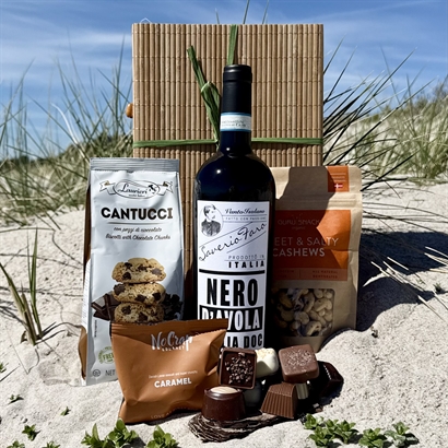 Sommergave med Siciliansk Rødvin, Belgisk gourmetchokolade, Cantucci og Salte Cashew Nødder