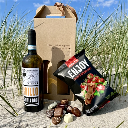 Sommergave med Hvidvin, Belgisk Gourmetchokolade og Snacks