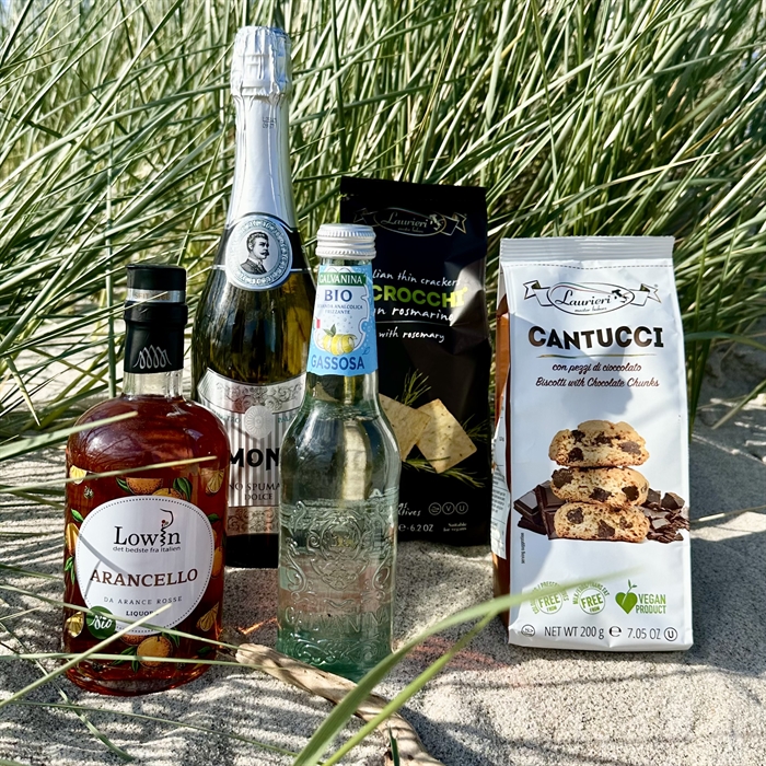 Sommergave arancello Spritz kit med lækre snacks