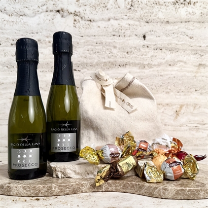 Rustik Bomuldspose med Prosecco og Luksus Chokoladeblanding 500 gram