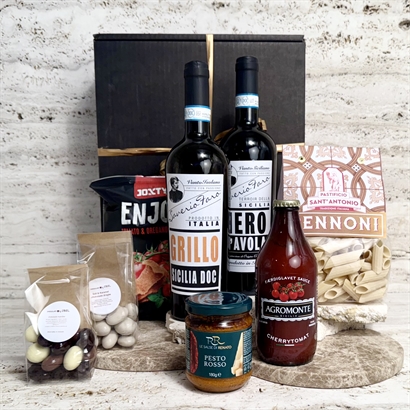 Gavekurv med Pasta kit, italiensk Hvid, Rødvin og delikatesser