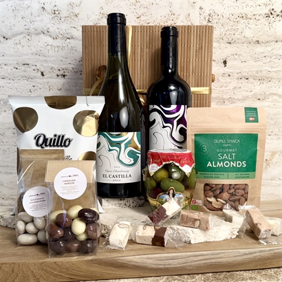 Bambusæske med Tapas kit spansk rød & hvidvin og delikatesser