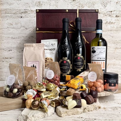 Stor skattekiste - Fyldt med vin, Julegodter, chokolade og Bülow lakrids.
