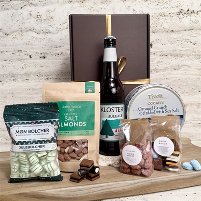 Danske specialiteter med juleøl pakket i gaveæske