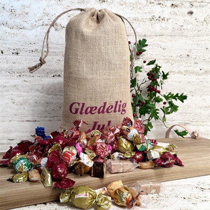 Julesæk med "Glædelig Jul" tekst og 1000 gram luksus chokoladeblanding
