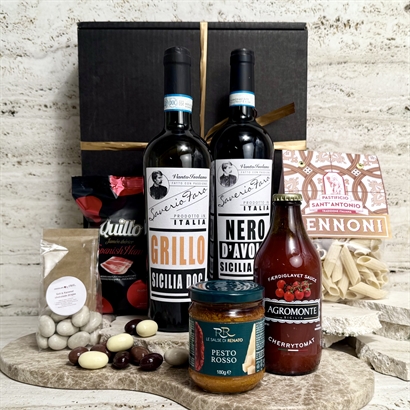 Gavekurv med Pasta kit, italiensk Hvid, Rødvin og delikatesser