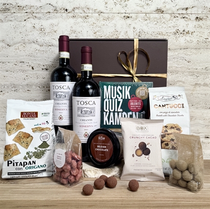 Firmagave med musikquiz, rødvin, snacks og chokolade