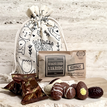Økopose med påskeprint - Belgiske påskeæg, Bagsværd lakrids og chokoladetrøfler