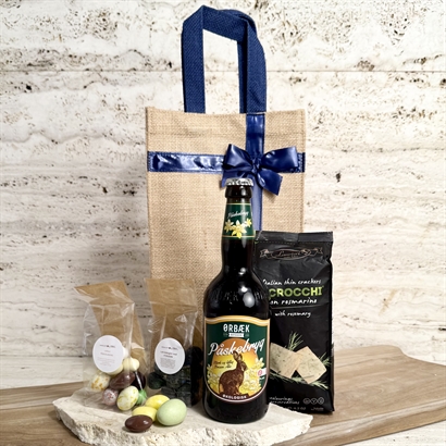 Jutetaske med Økologisk Påskebryg, påskeæg og lakrids.