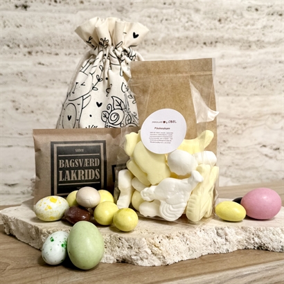 Økopose med påskeprint - Påskeæg, Påskeskum og Bagsværd lakrids