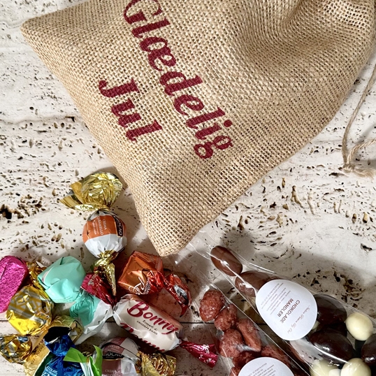 Julesæk – luksus chokolade & mandler med “Glædelig Jul” print